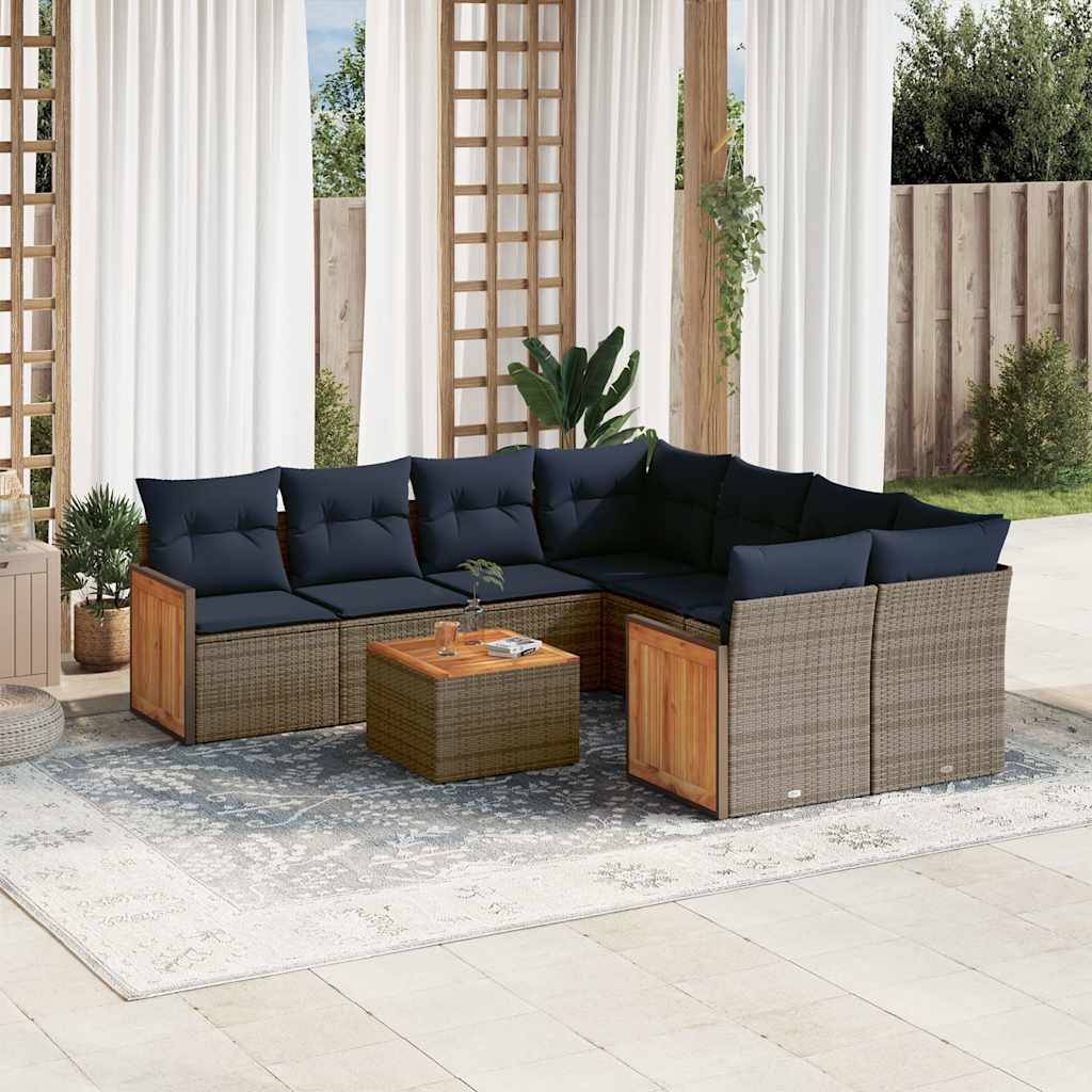 vidaXL 9-teiliges Gartensofa-Set mit Kissen, grau, Polyrattan