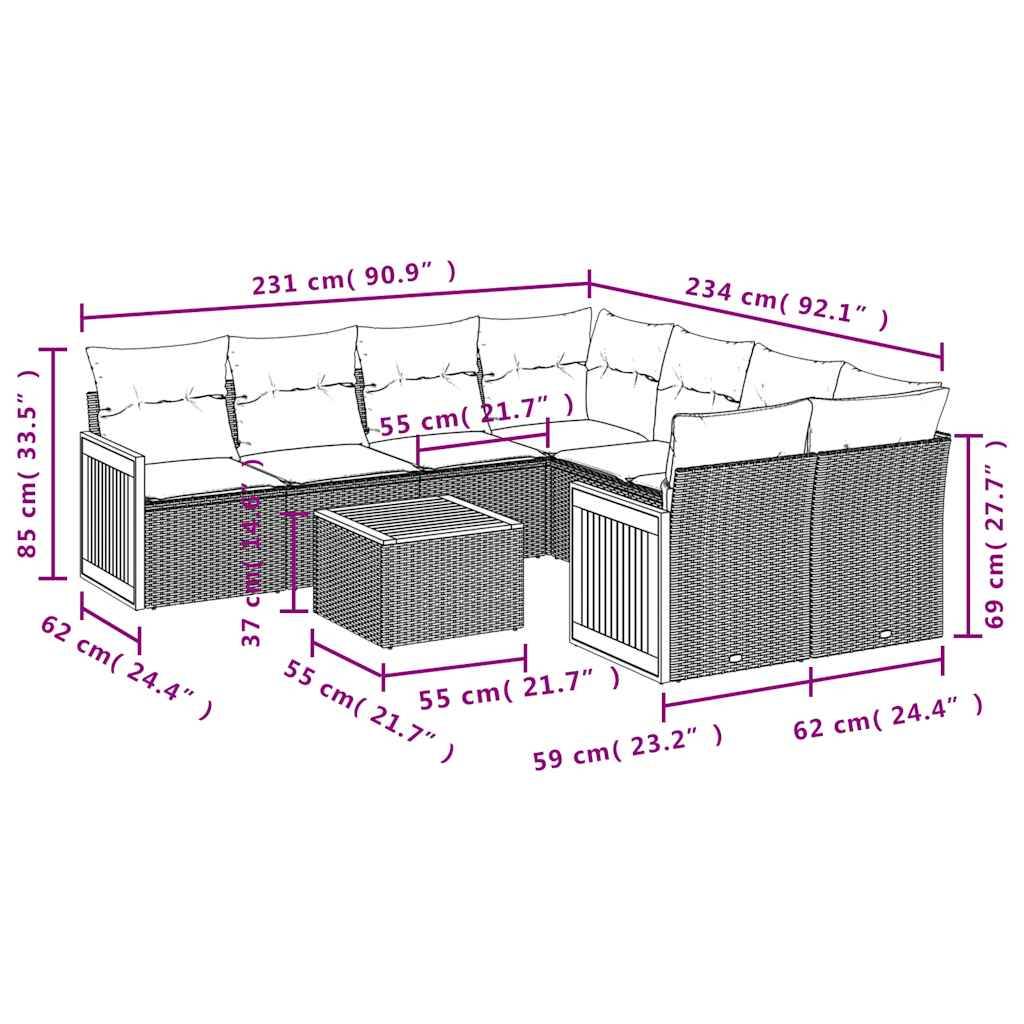 vidaXL 9-teiliges Gartensofa-Set mit Kissen, grau, Polyrattan