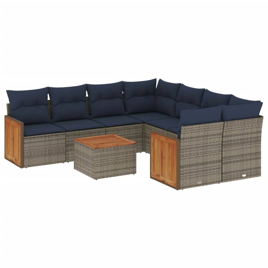 vidaXL 9-teiliges Gartensofa-Set mit Kissen, grau, Polyrattan
