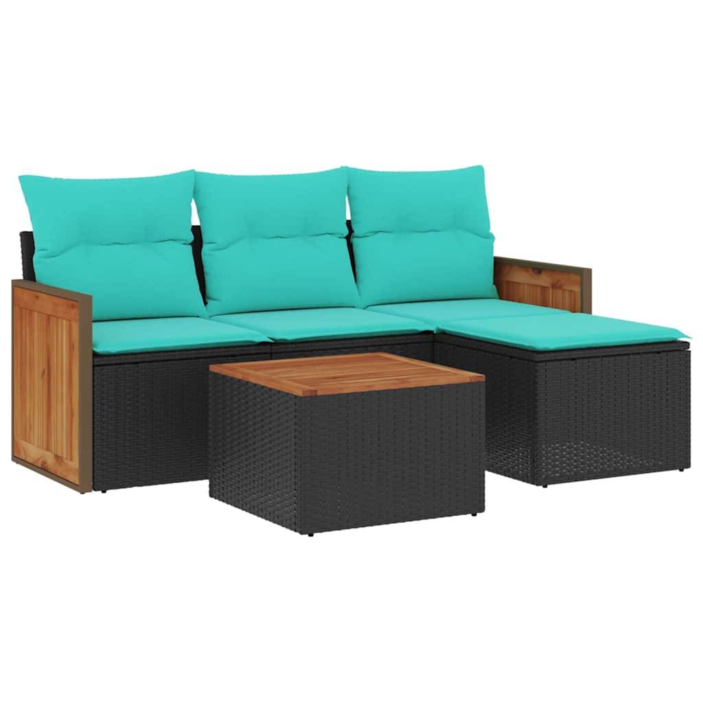 vidaXL 5-teiliges Gartensofa-Set mit Kissen, schwarzes Polyrattan