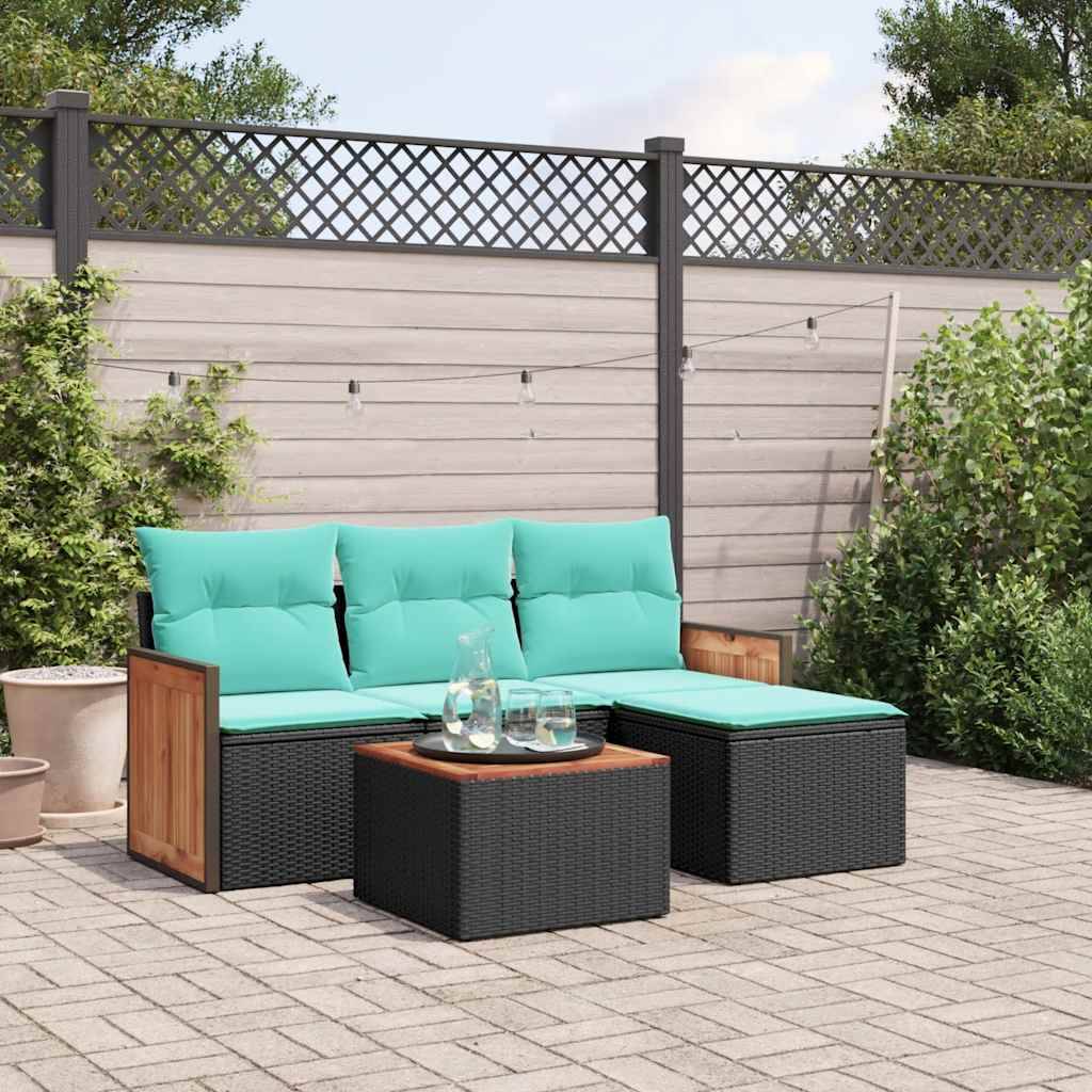 vidaXL 5-teiliges Gartensofa-Set mit Kissen, schwarzes Polyrattan