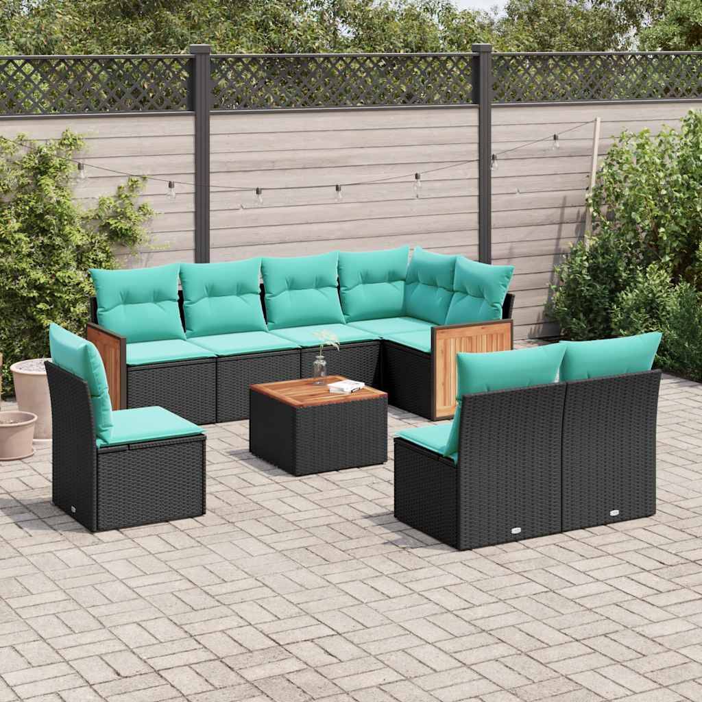 vidaXL 9-teiliges Gartensofa-Set mit Kissen, schwarzes Polyrattan