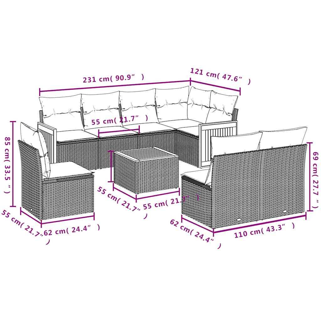 vidaXL 9-teiliges Gartensofa-Set mit Kissen, schwarzes Polyrattan