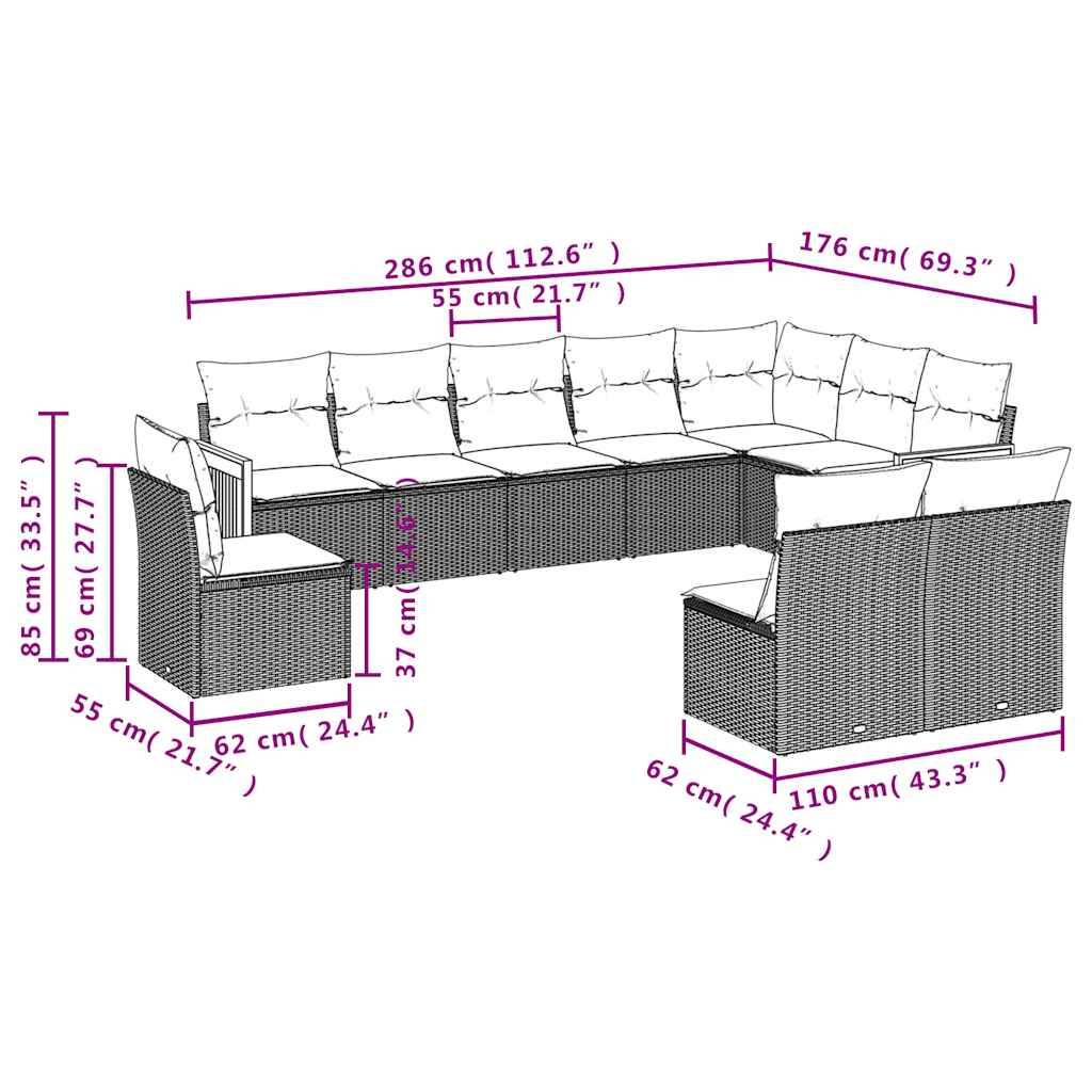 vidaXL 10-teiliges Gartensofa-Set mit Kissen, schwarzes Polyrattan
