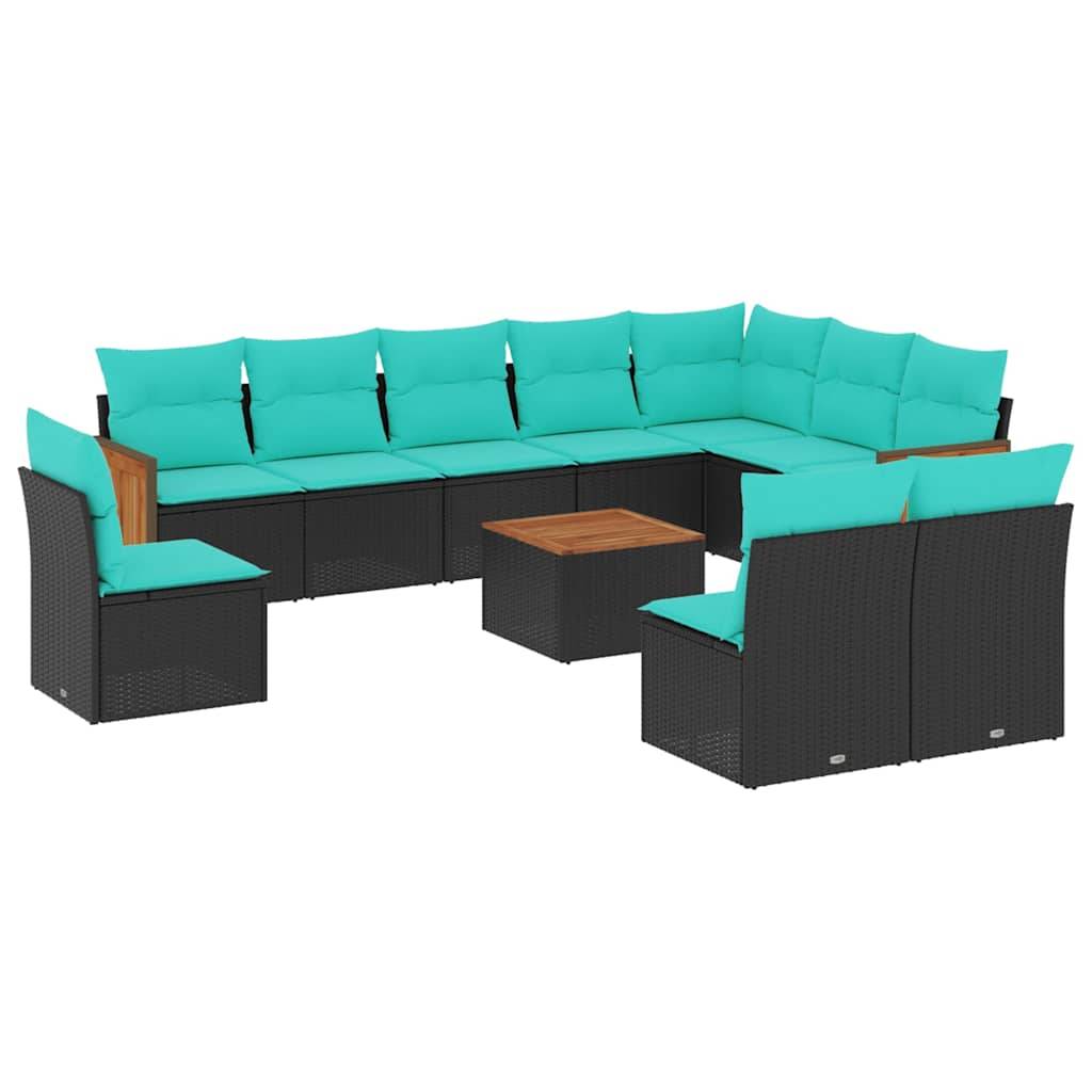 vidaXL 11-teiliges Gartensofa-Set mit Kissen, schwarzes Polyrattan