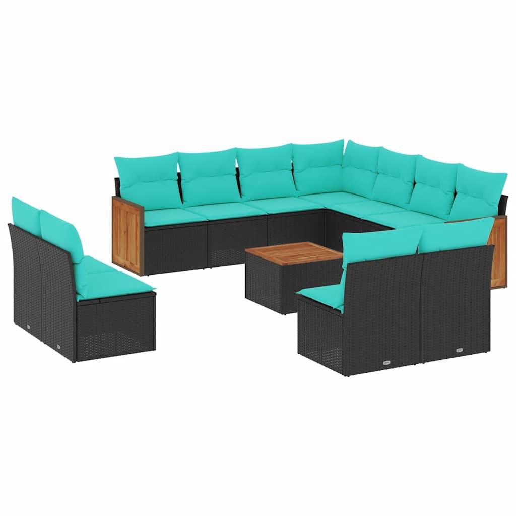 vidaXL 12-teiliges Gartensofa-Set mit Kissen, schwarzes Polyrattan