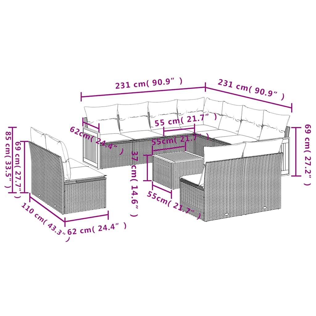 vidaXL 12-teiliges Gartensofa-Set mit Kissen, schwarzes Polyrattan