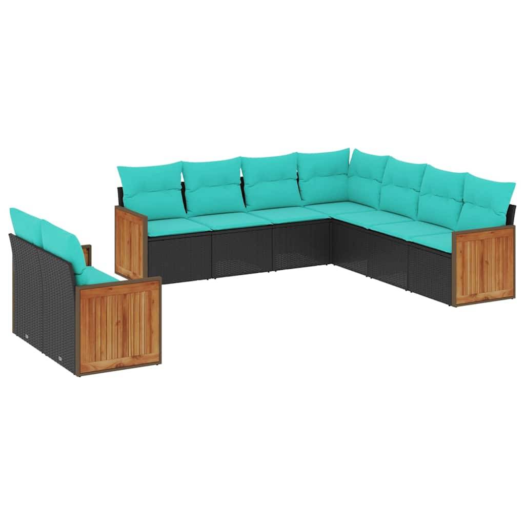 vidaXL 9-teiliges Gartensofa-Set mit Kissen, schwarzes Polyrattan