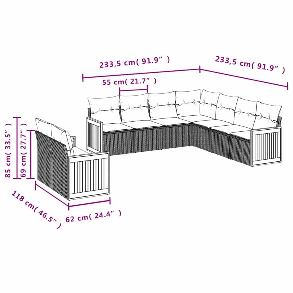 vidaXL 9-teiliges Gartensofa-Set mit Kissen, schwarzes Polyrattan