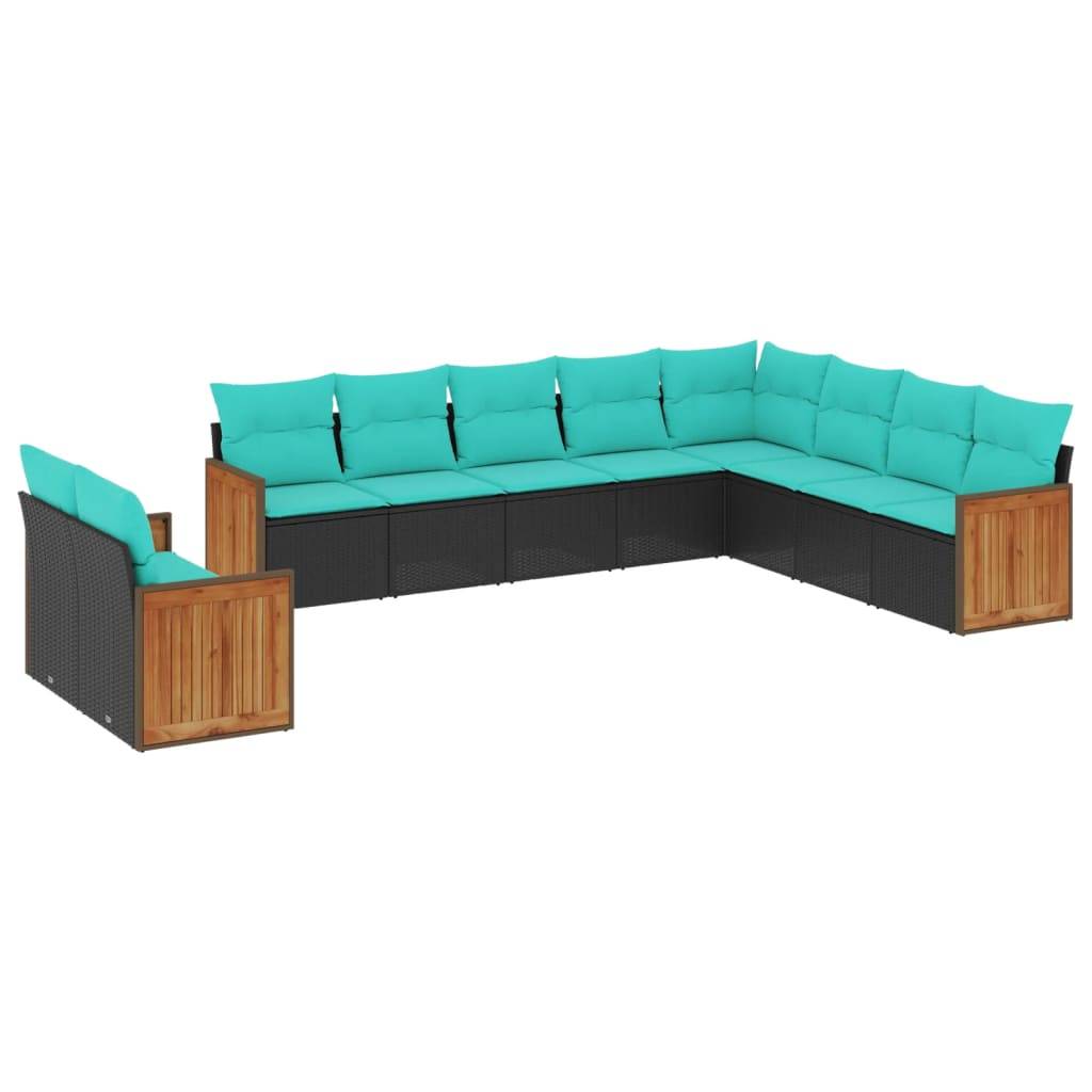 vidaXL 10-teiliges Gartensofa-Set mit Kissen, schwarzes Polyrattan