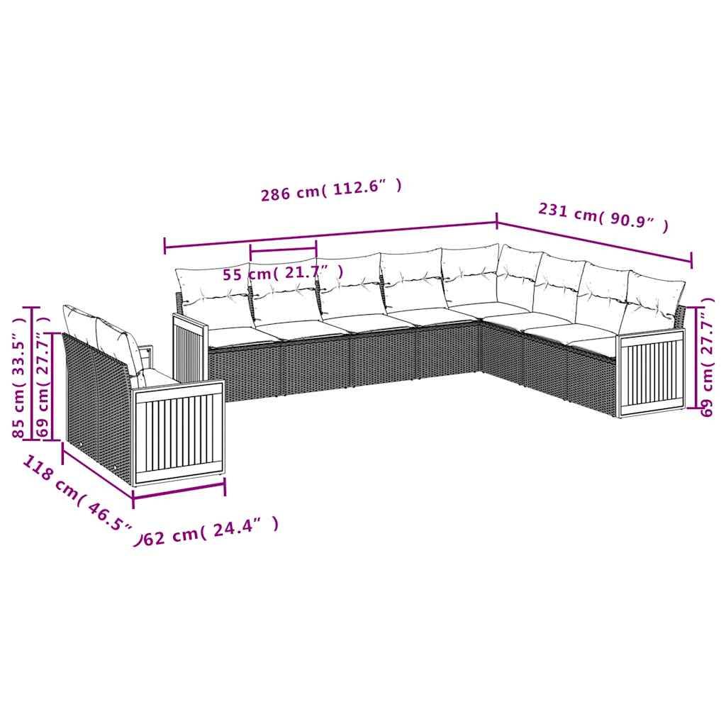 vidaXL 10-teiliges Gartensofa-Set mit Kissen, schwarzes Polyrattan