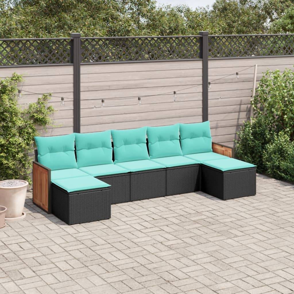 vidaXL 7-teiliges Gartensofa-Set mit Kissen, schwarzes Polyrattan