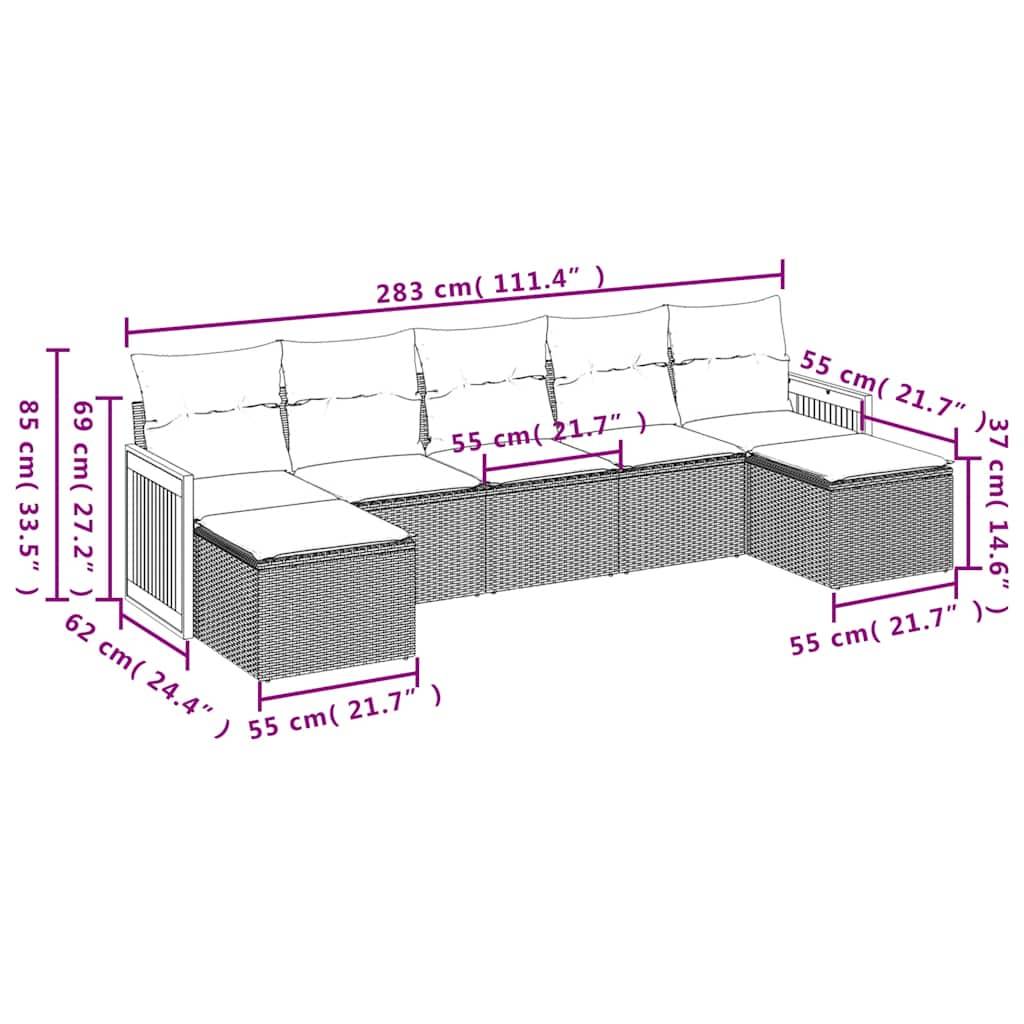 vidaXL 7-teiliges Gartensofa-Set mit Kissen, schwarzes Polyrattan