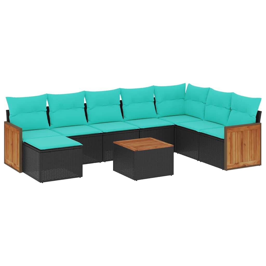 vidaXL 9-teiliges Gartensofa-Set mit Kissen, schwarzes Polyrattan