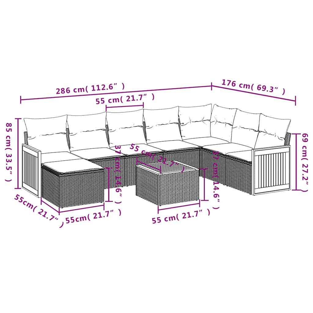 vidaXL 9-teiliges Gartensofa-Set mit Kissen, schwarzes Polyrattan