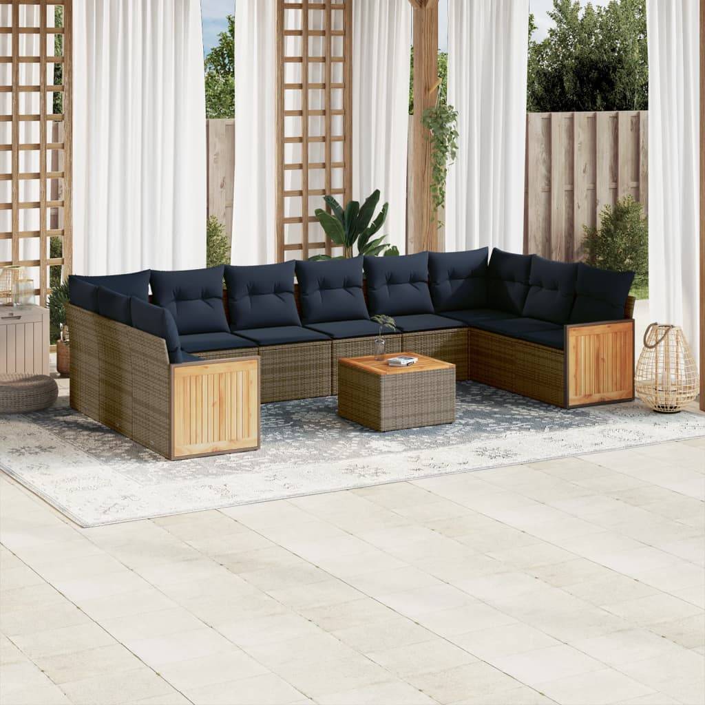 vidaXL 11-teiliges Gartensofa-Set mit Kissen, grau, Polyrattan