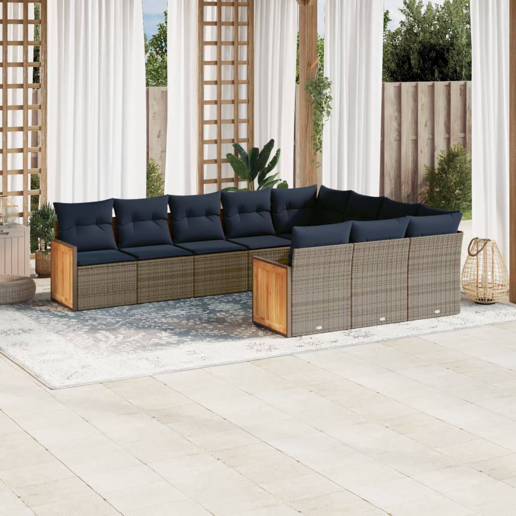vidaXL 10-teiliges Gartensofa-Set mit Kissen, grau, Polyrattan