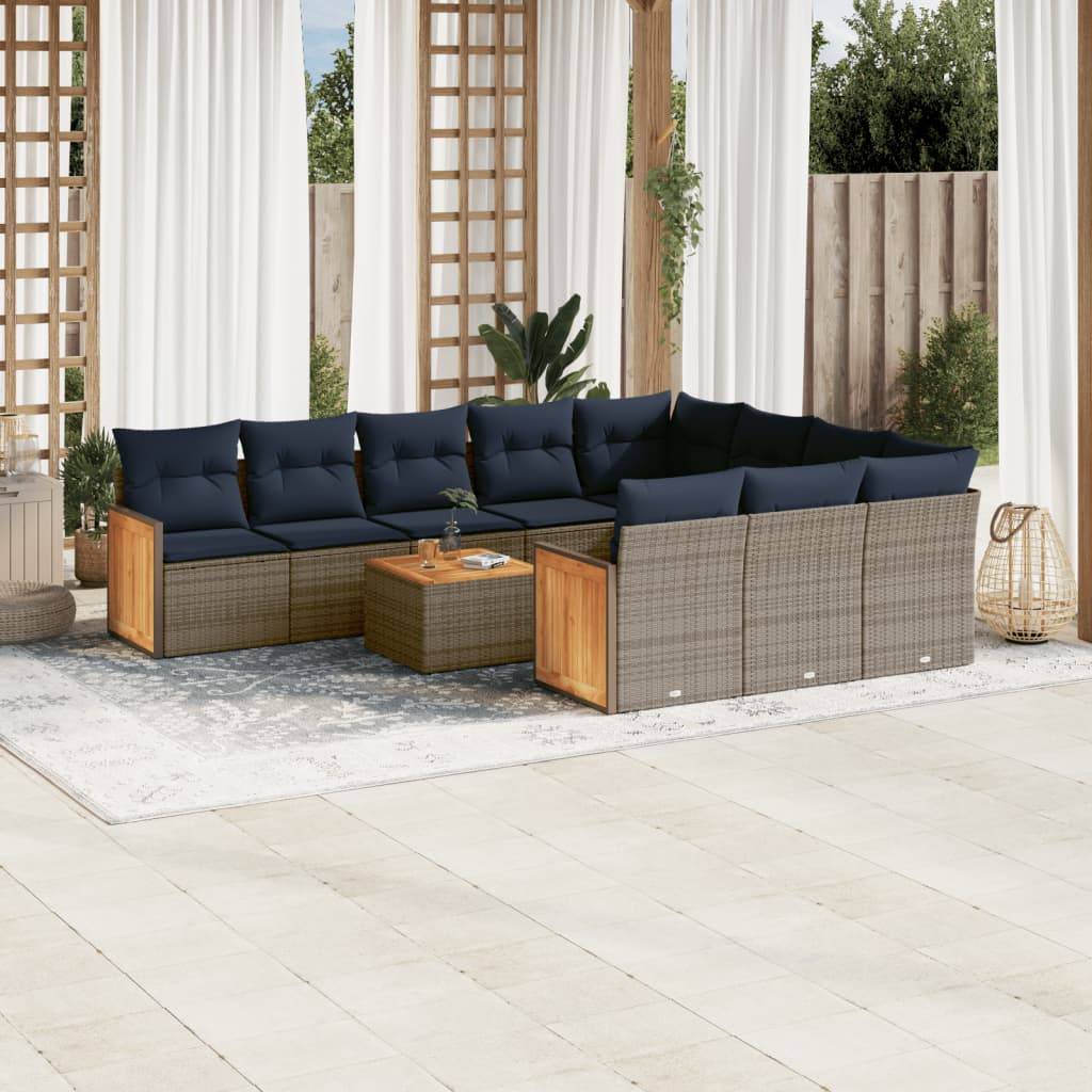 vidaXL 11-teiliges Gartensofa-Set mit Kissen, grau, Polyrattan