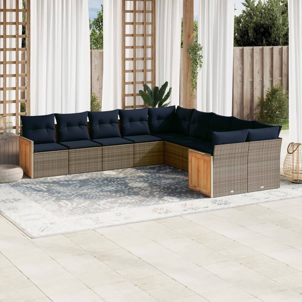 vidaXL 10-teiliges Gartensofa-Set mit Kissen, grau, Polyrattan