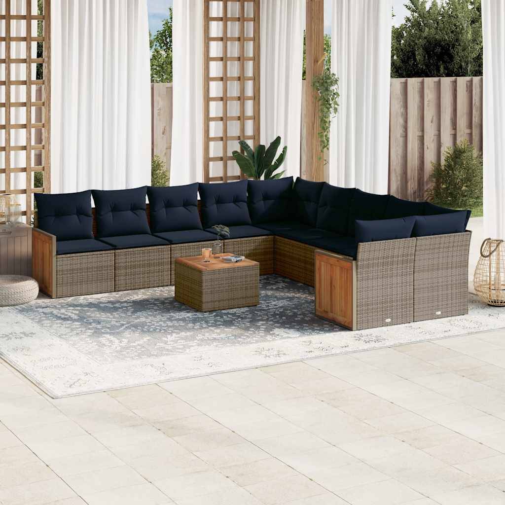 vidaXL 11-teiliges Gartensofa-Set mit Kissen, grau, Polyrattan
