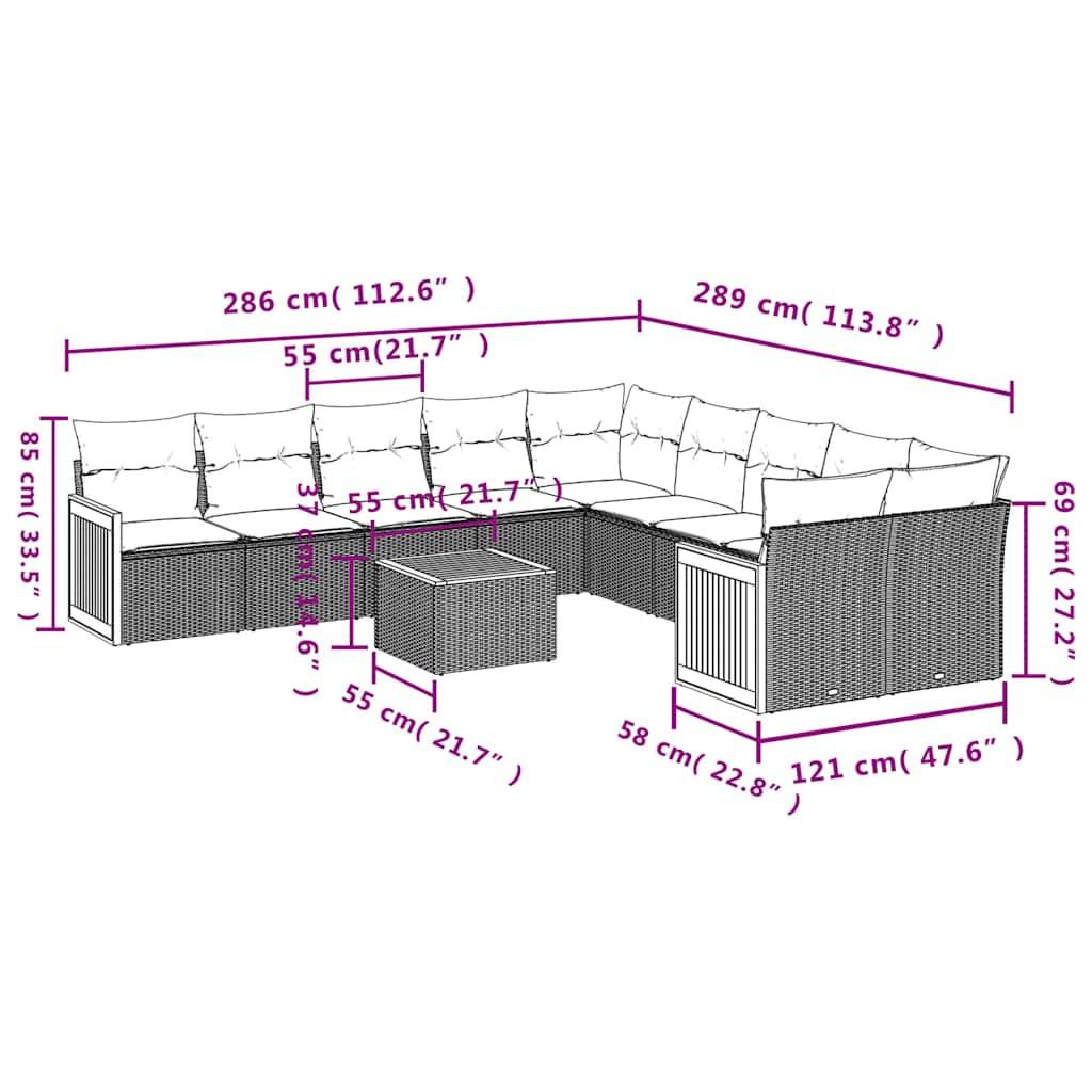 vidaXL 11-teiliges Gartensofa-Set mit Kissen, grau, Polyrattan