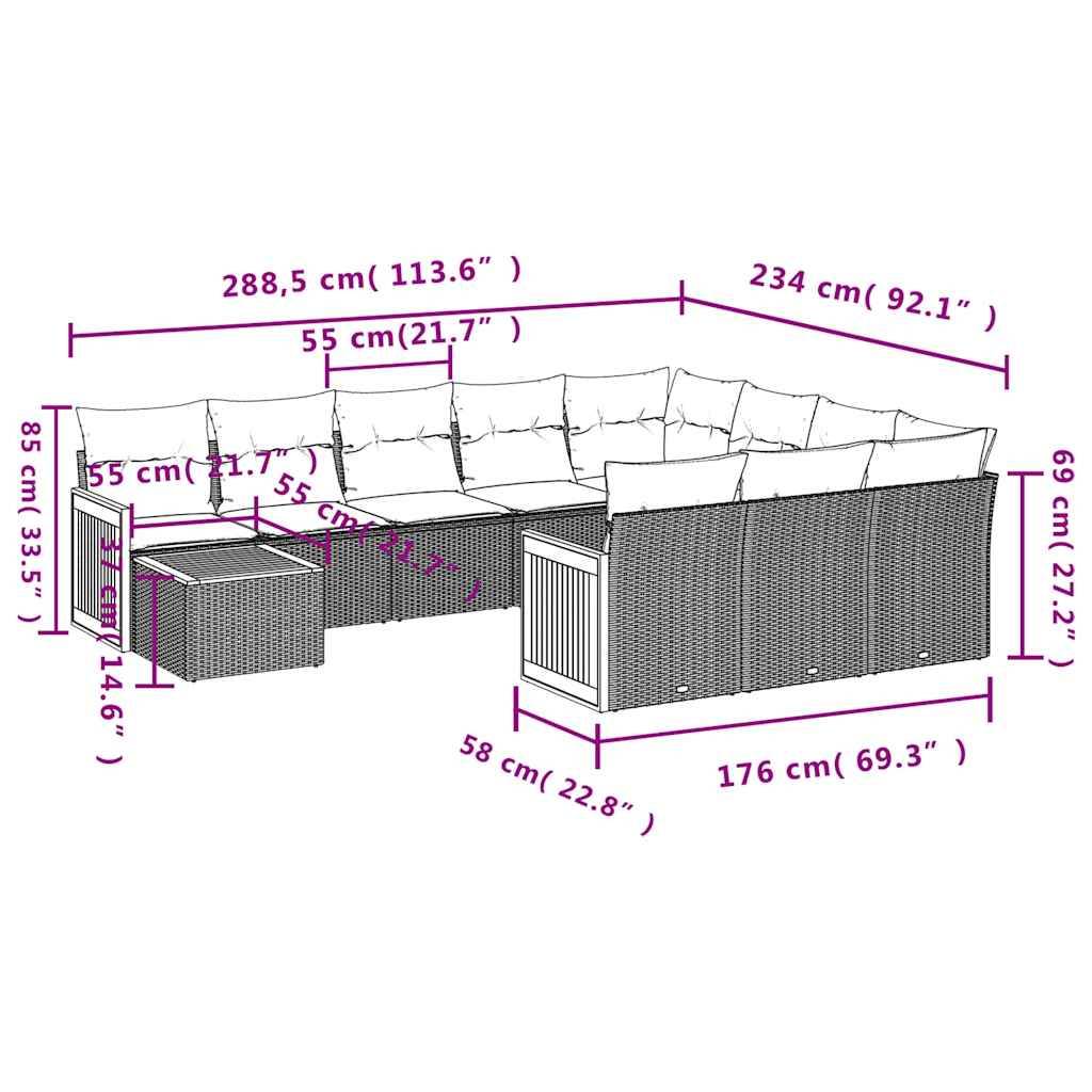 vidaXL 11-teiliges Gartensofa-Set mit Kissen, grau, Polyrattan