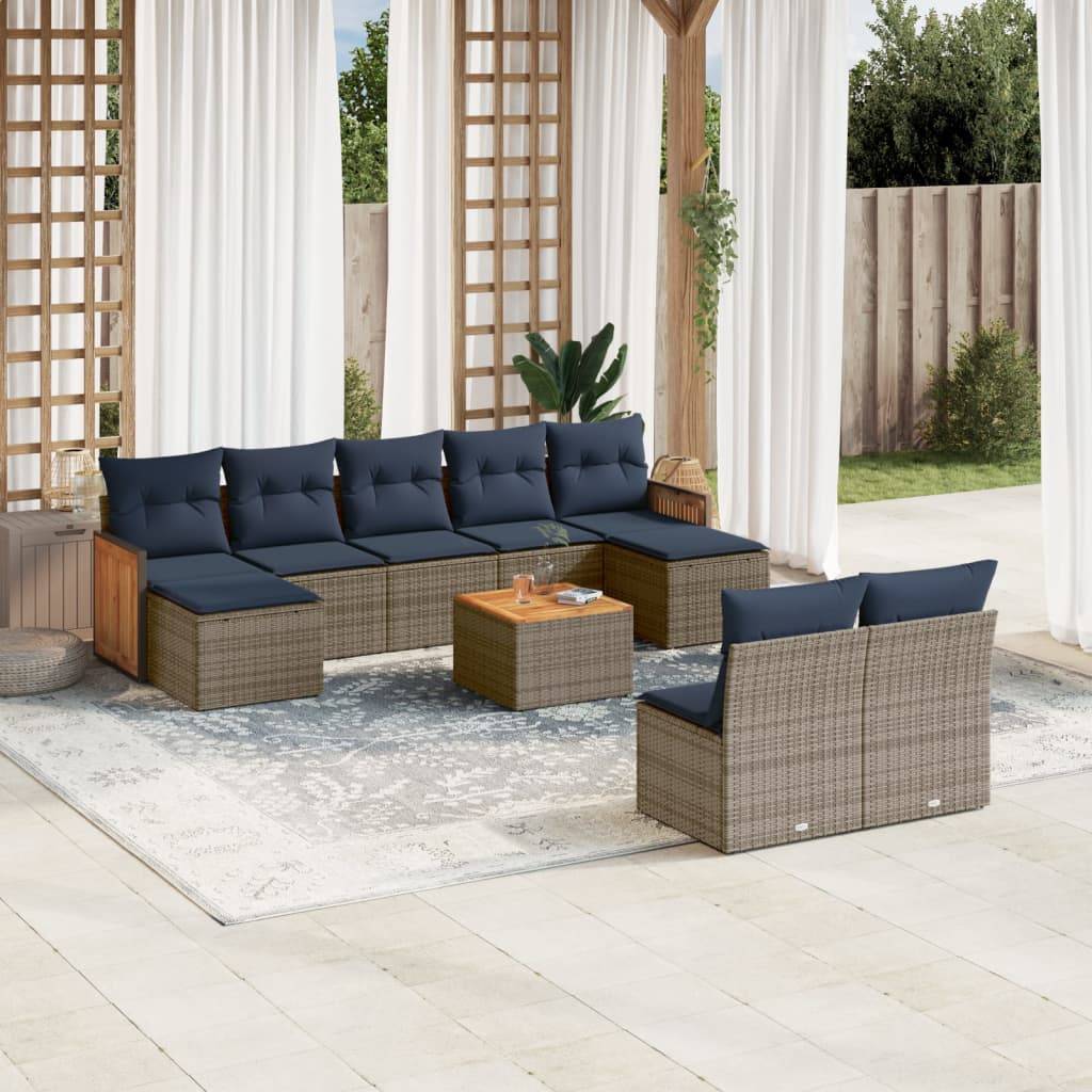 vidaXL 10-teiliges Gartensofa-Set mit Kissen, grau, Polyrattan