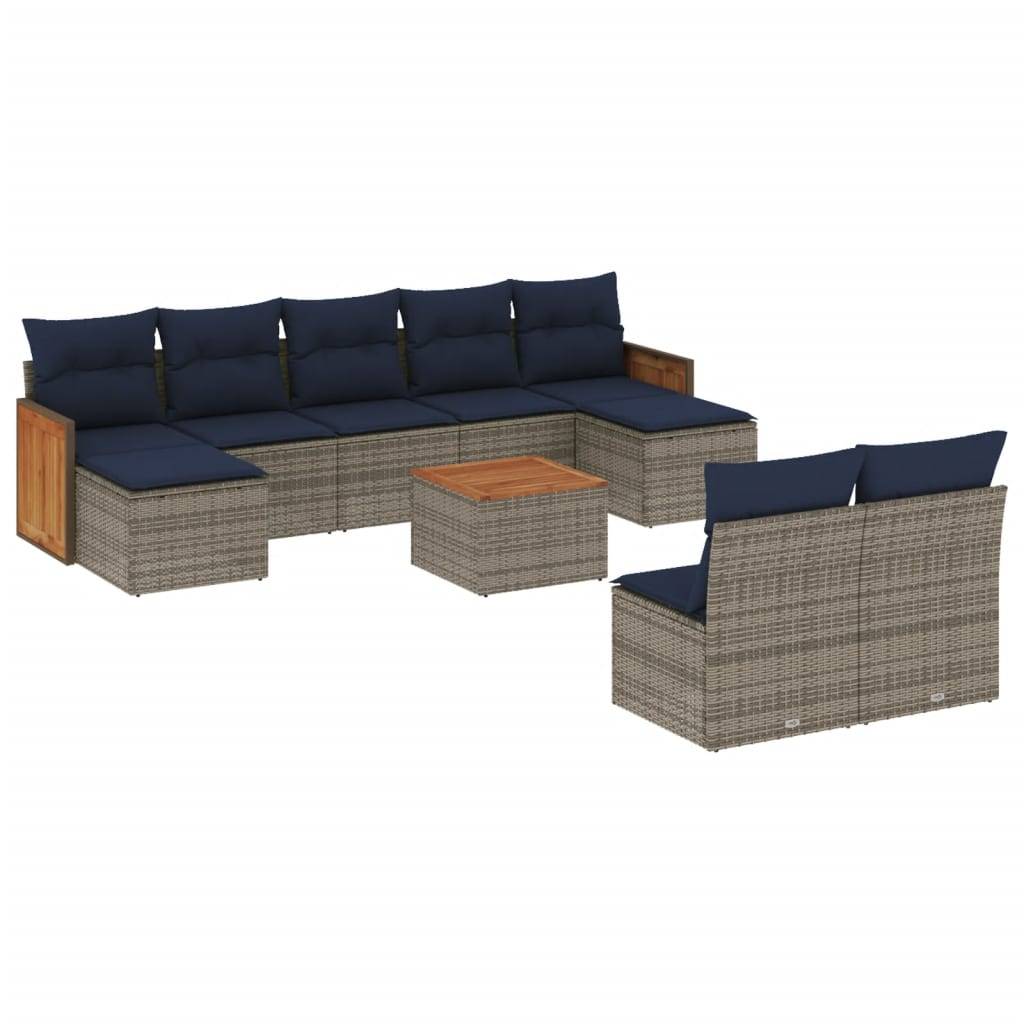 vidaXL 10-teiliges Gartensofa-Set mit Kissen, grau, Polyrattan