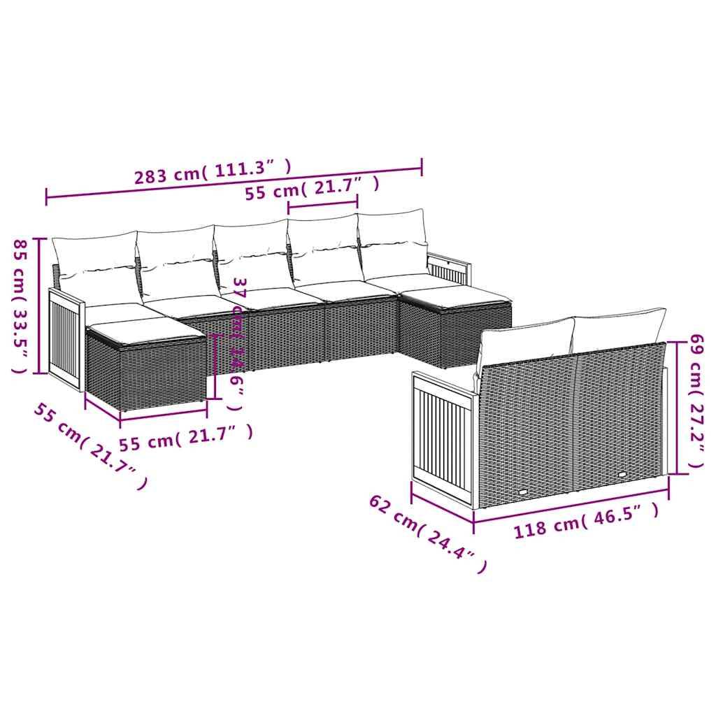 vidaXL 9-teiliges Gartensofa-Set mit Kissen, schwarzes Polyrattan