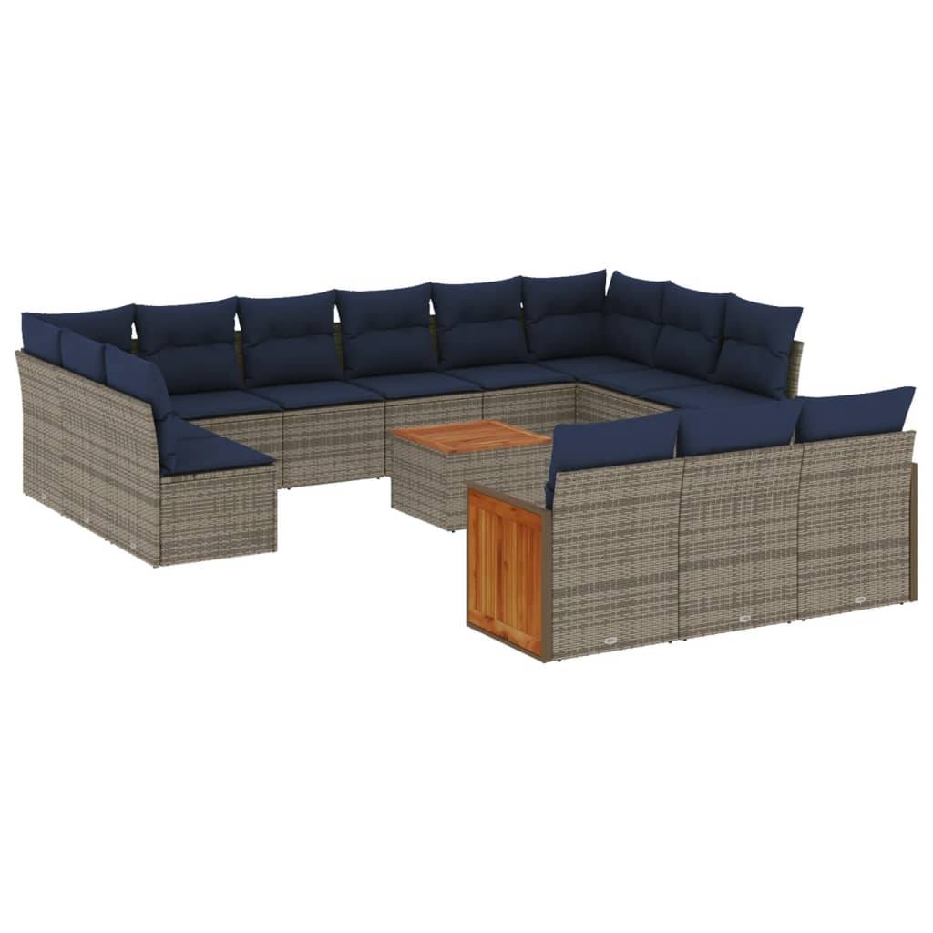 vidaXL 16-teiliges Gartensofa-Set mit Kissen, grau, Polyrattan