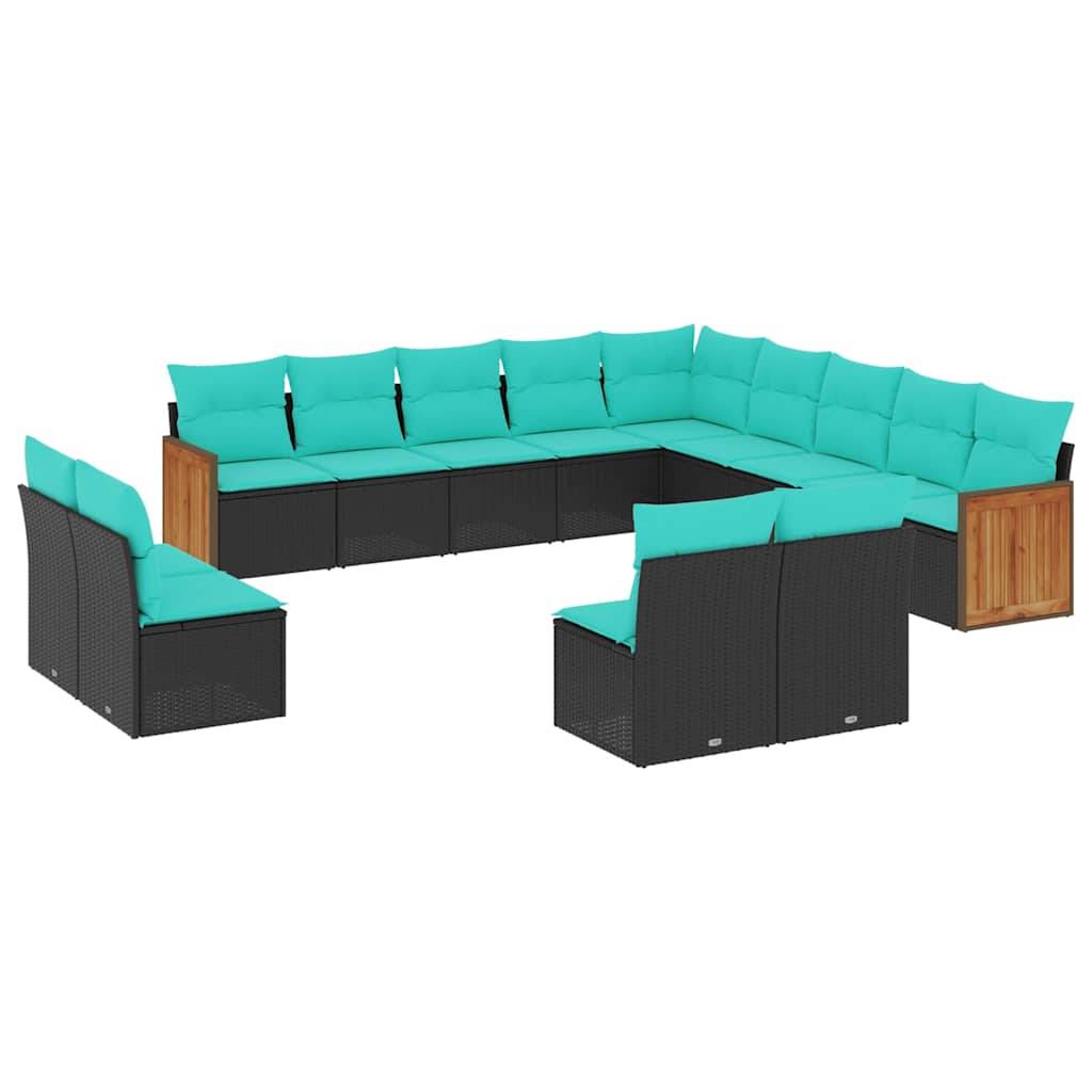 vidaXL 13-teiliges Gartensofa-Set mit Kissen, schwarzes Polyrattan