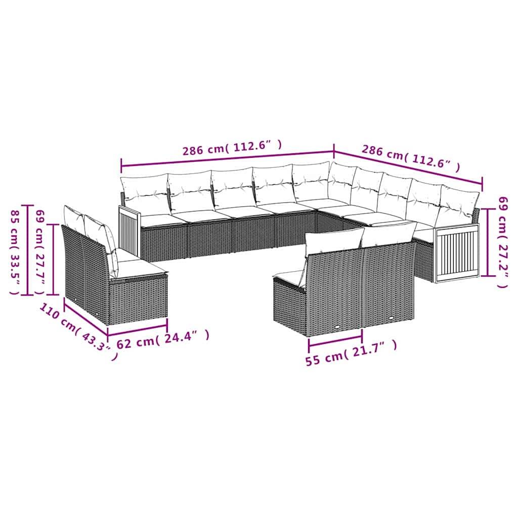 vidaXL 13-teiliges Gartensofa-Set mit Kissen, schwarzes Polyrattan