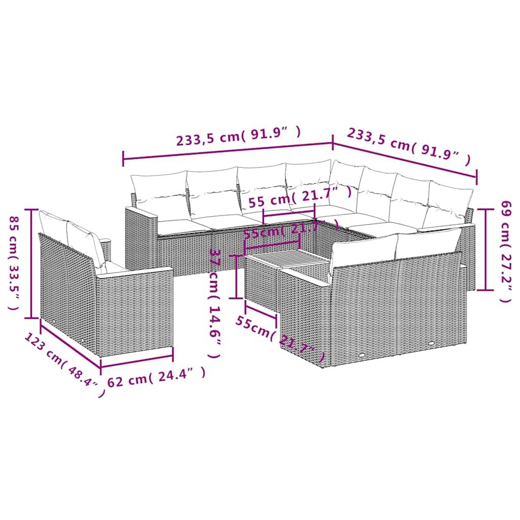 vidaXL 12-teiliges Gartensofa-Set mit Kissen, schwarzes Polyrattan