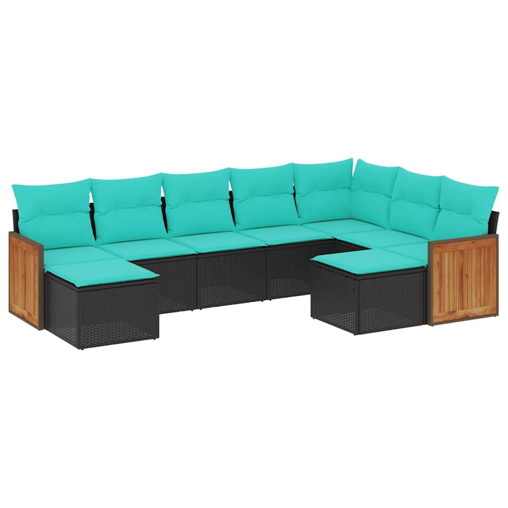vidaXL 9-teiliges Gartensofa-Set mit Kissen, schwarzes Polyrattan