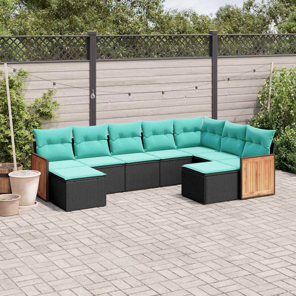 vidaXL 9-teiliges Gartensofa-Set mit Kissen, schwarzes Polyrattan
