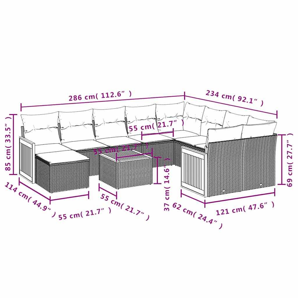 vidaXL 11-teiliges Gartensofa-Set mit Kissen, schwarzes Polyrattan