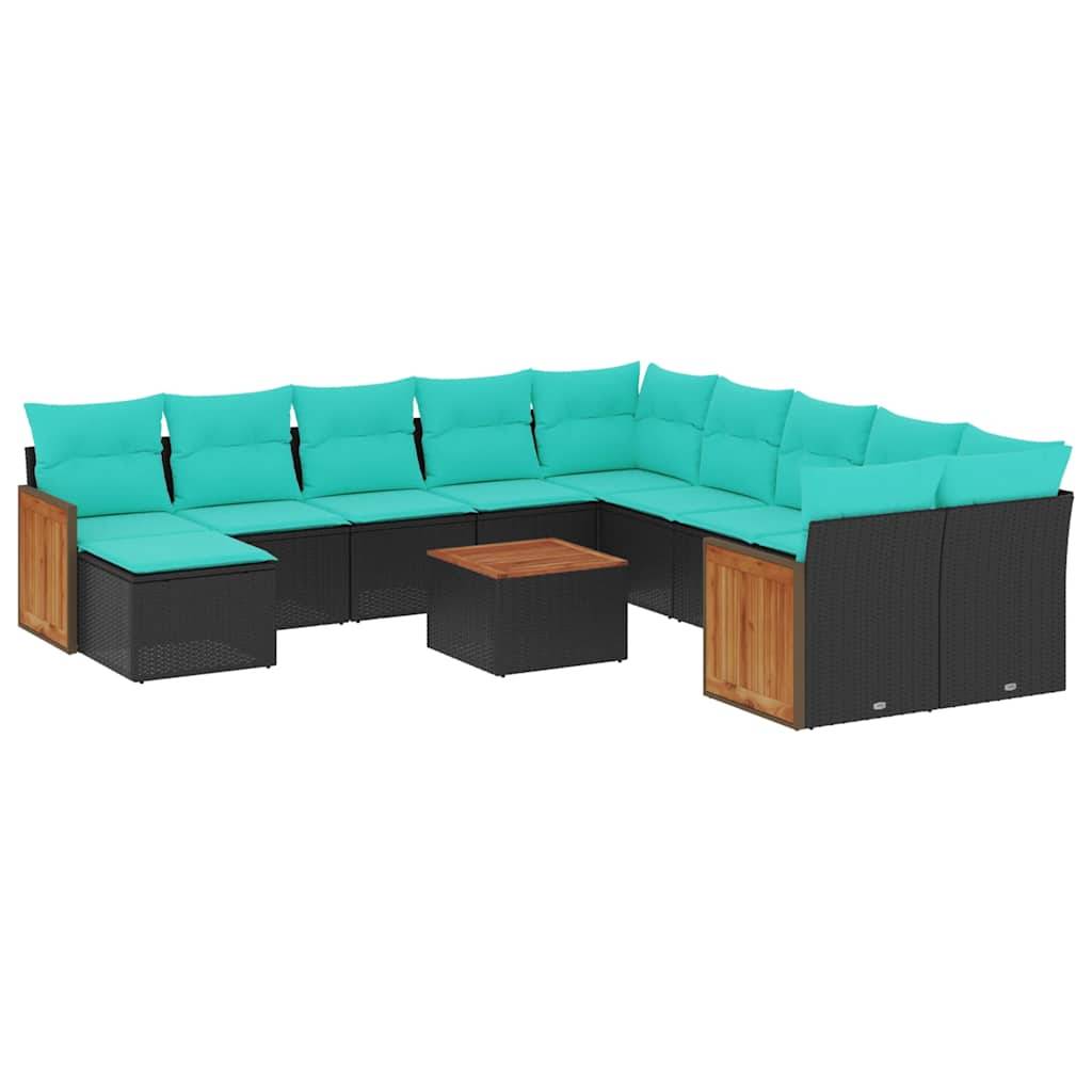 vidaXL 12-teiliges Gartensofa-Set mit Kissen, schwarzes Polyrattan