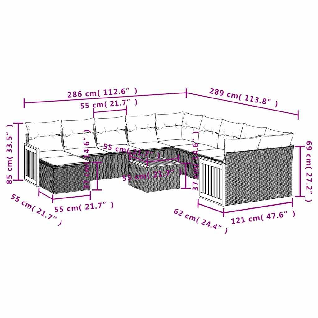 vidaXL 12-teiliges Gartensofa-Set mit Kissen, schwarzes Polyrattan