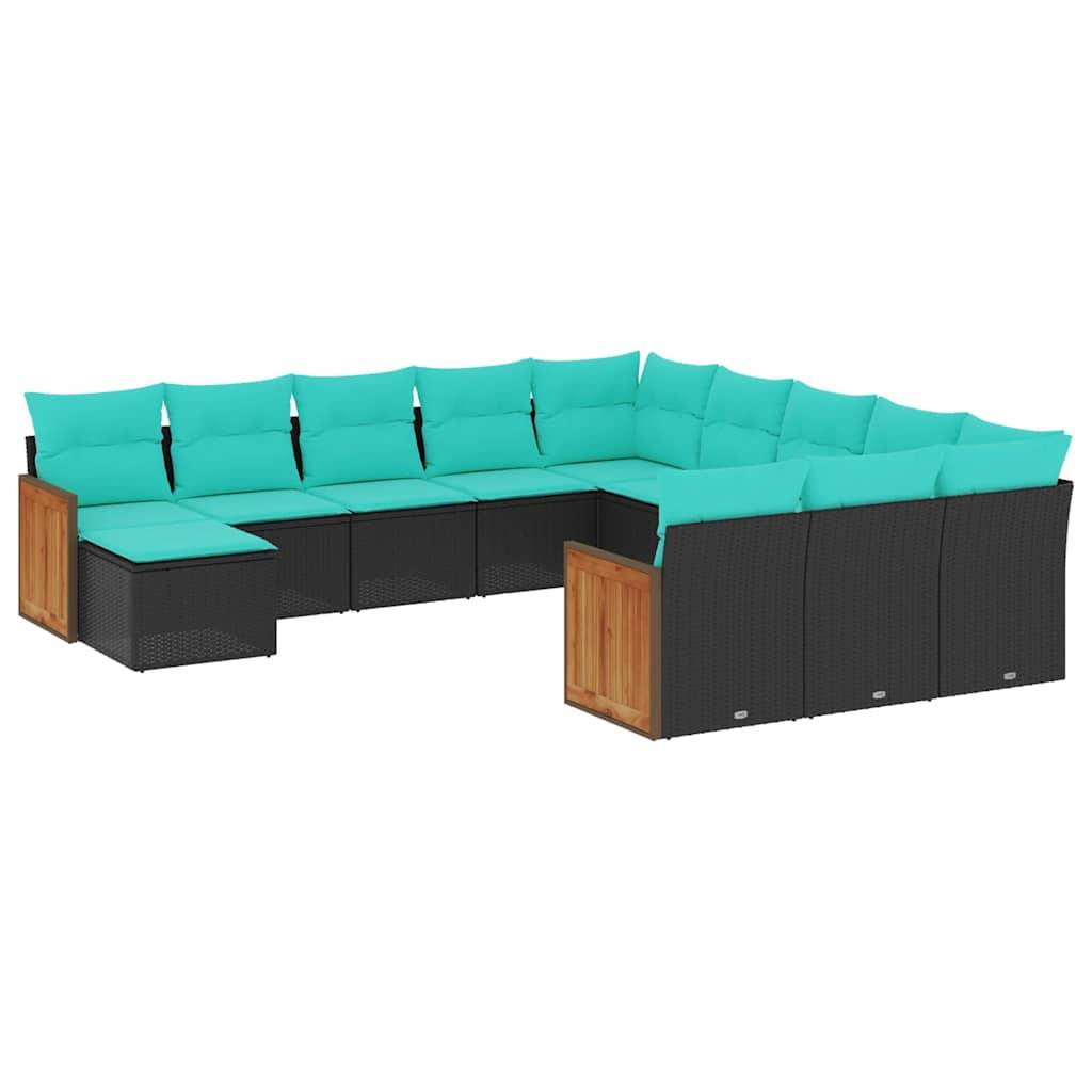 vidaXL 12-teiliges Gartensofa-Set mit Kissen, schwarzes Polyrattan
