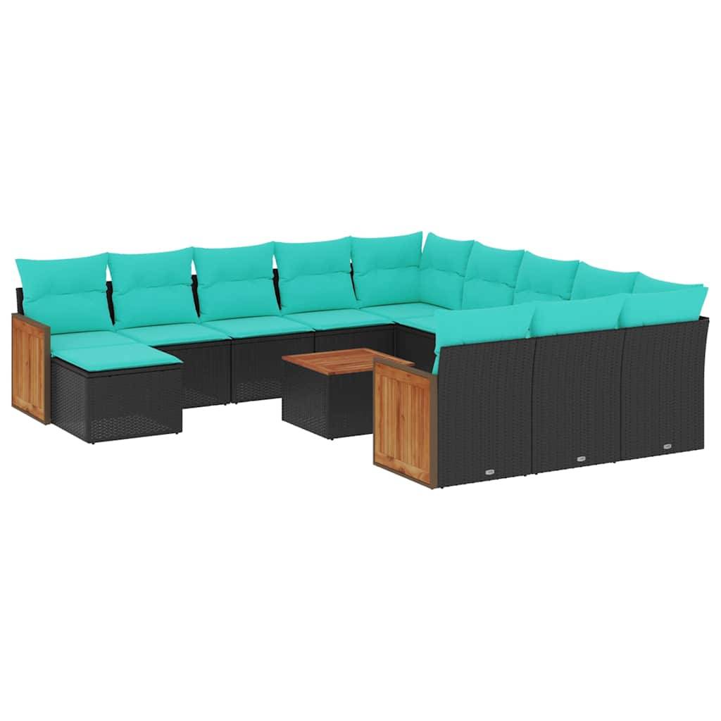 vidaXL 13-teiliges Gartensofa-Set mit Kissen, schwarzes Polyrattan