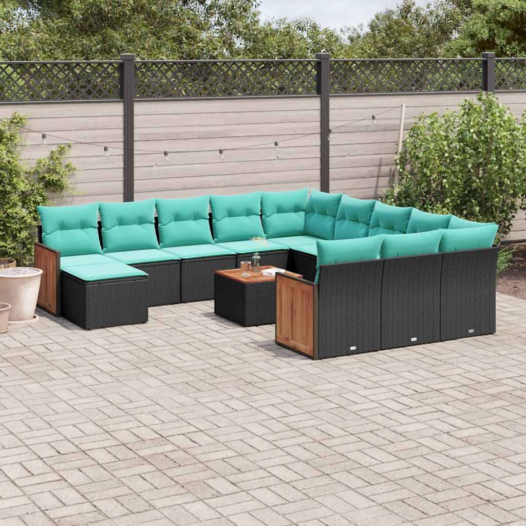 vidaXL 13-teiliges Gartensofa-Set mit Kissen, schwarzes Polyrattan