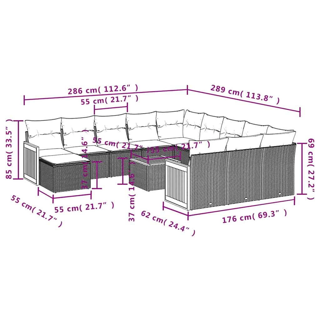 vidaXL 13-teiliges Gartensofa-Set mit Kissen, schwarzes Polyrattan
