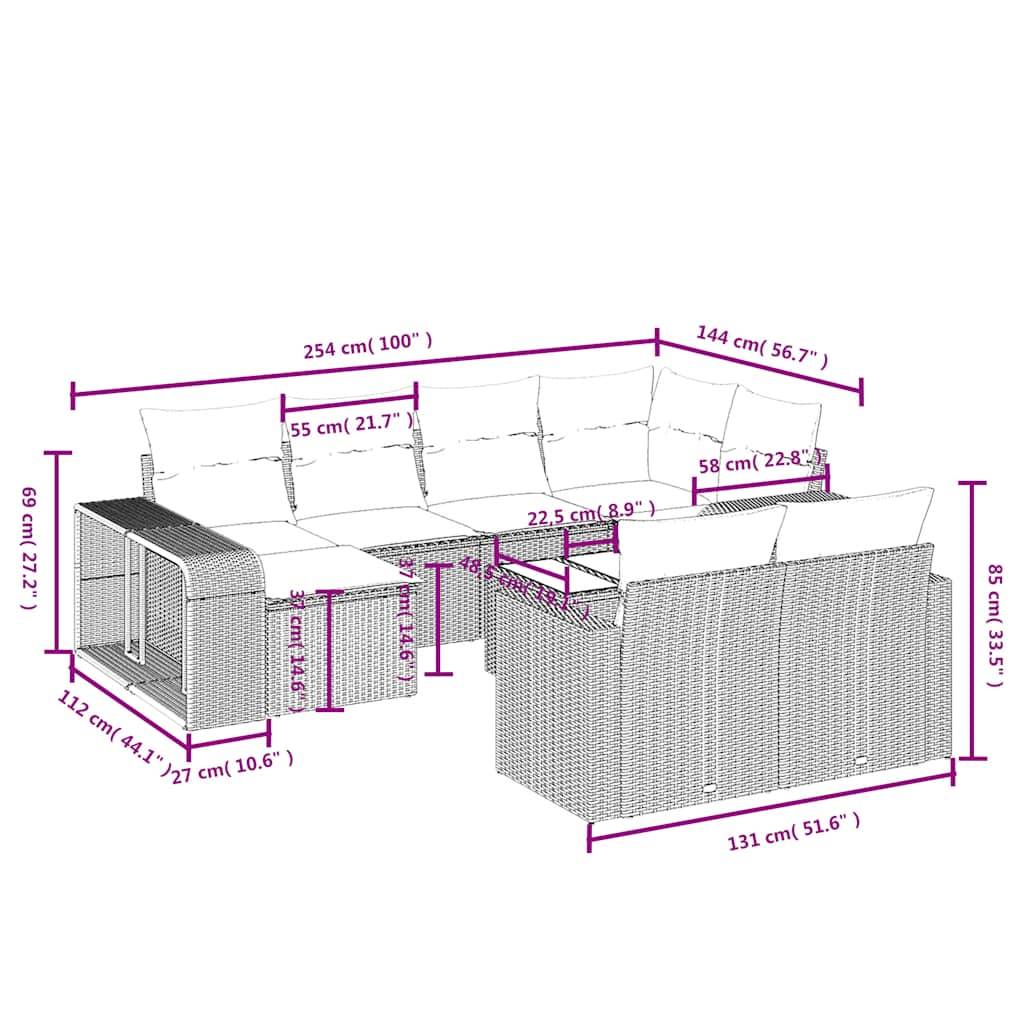 vidaXL 11-teiliges Gartensofa-Set mit Kissen, schwarzes Polyrattan
