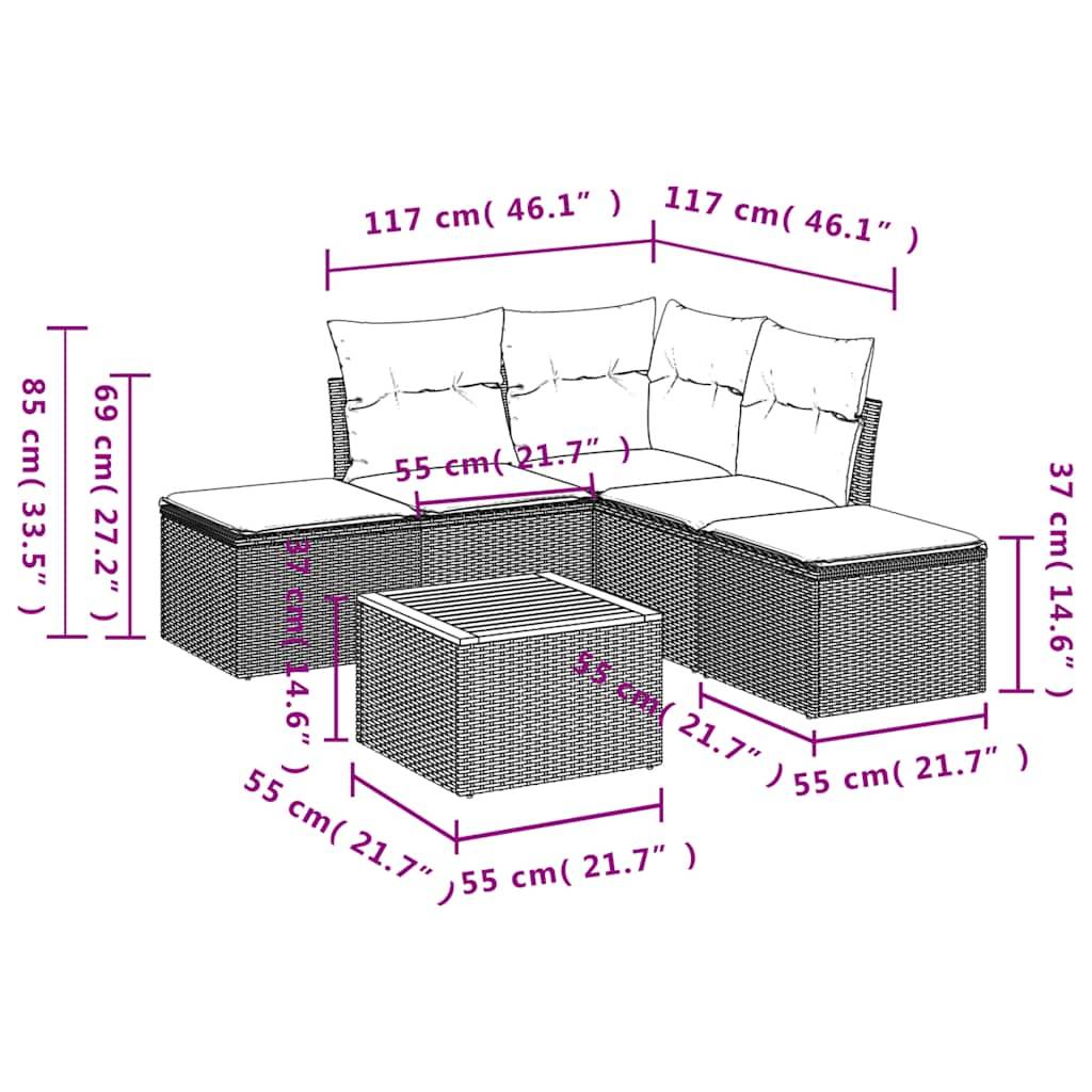 vidaXL 6-teiliges Gartensofa-Set mit Kissen, grau, Polyrattan