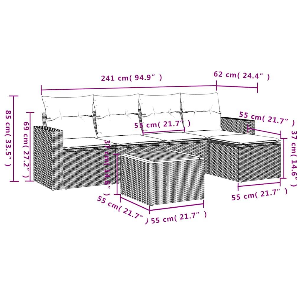 vidaXL 6-teiliges Gartensofa-Set mit Kissen, grau, Polyrattan