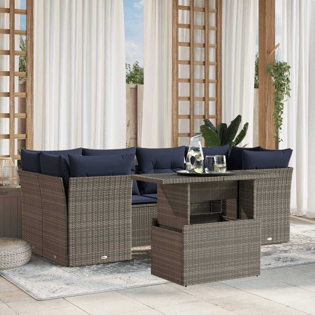 vidaXL 7-teiliges Gartensofa-Set mit Kissen, grau, Polyrattan