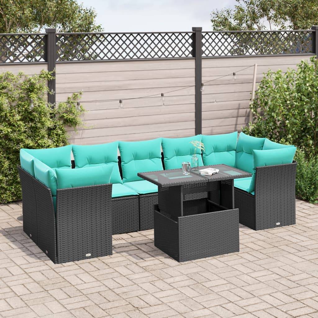 vidaXL 8-teiliges Gartensofa-Set mit Kissen, schwarzes Polyrattan