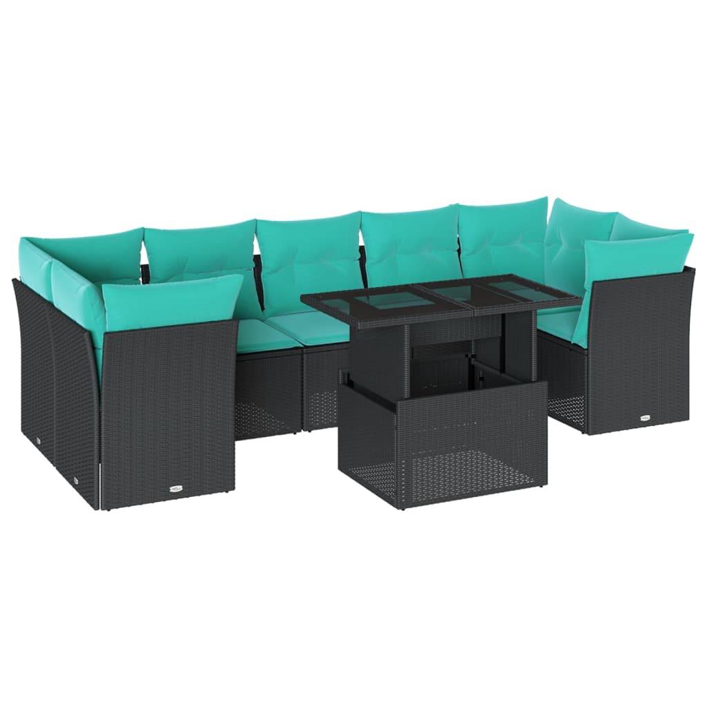 vidaXL 8-teiliges Gartensofa-Set mit Kissen, schwarzes Polyrattan