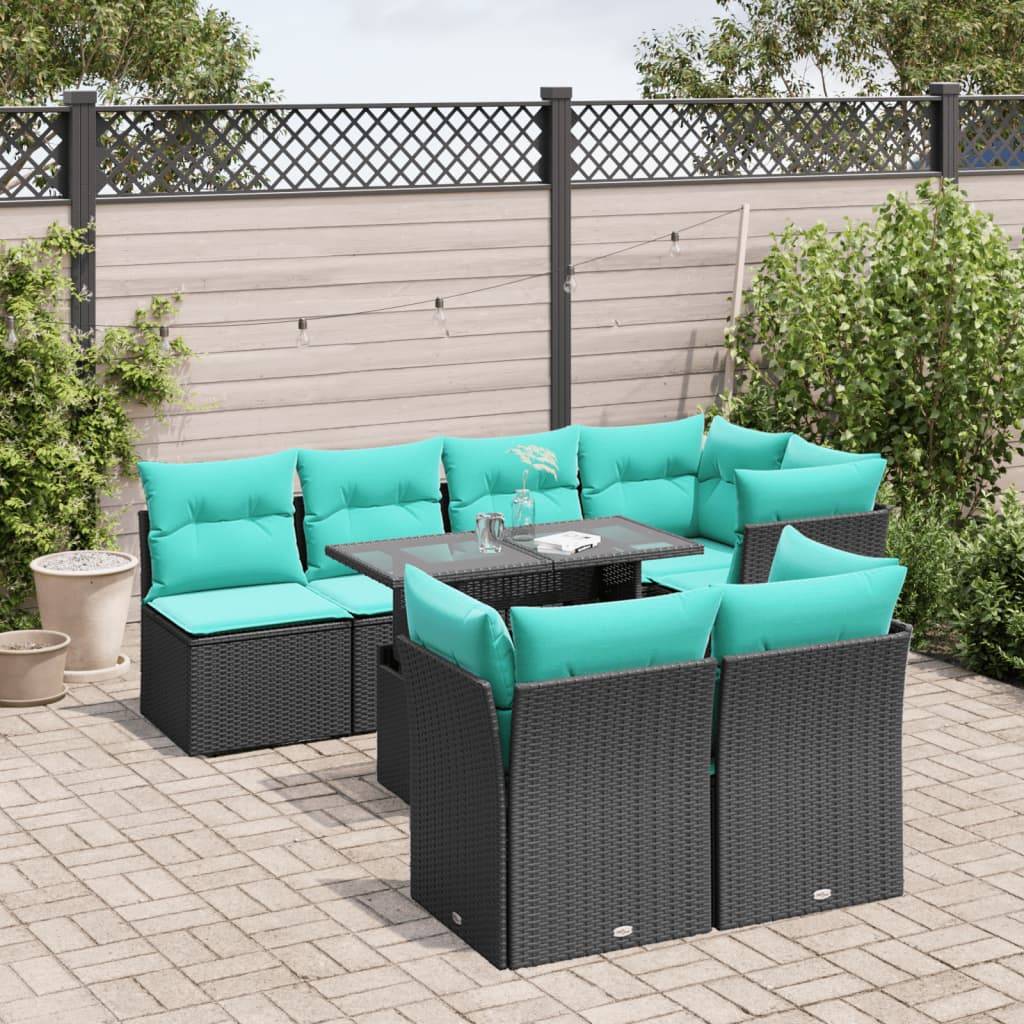 vidaXL 8-teiliges Gartensofa-Set mit Kissen, schwarzes Polyrattan