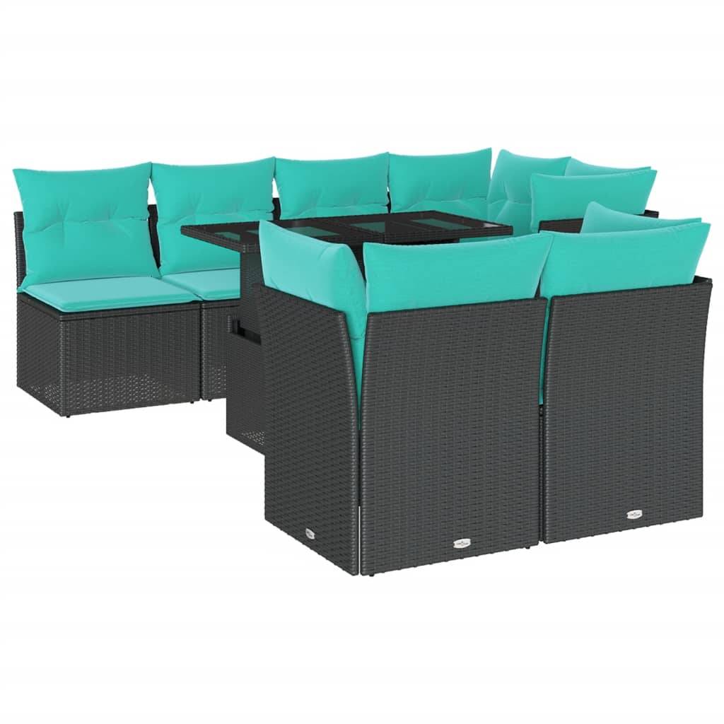 vidaXL 8-teiliges Gartensofa-Set mit Kissen, schwarzes Polyrattan